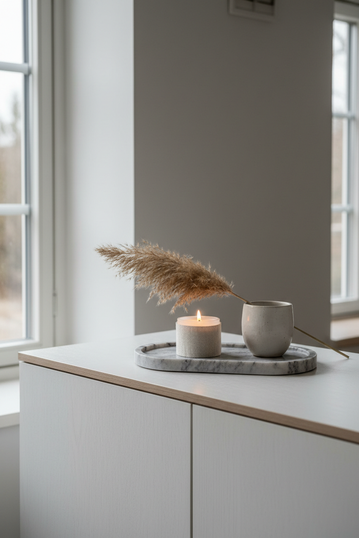 Scandinavian Natural Marble Tray styled on a white oak sideboard with a candle and pampas grass