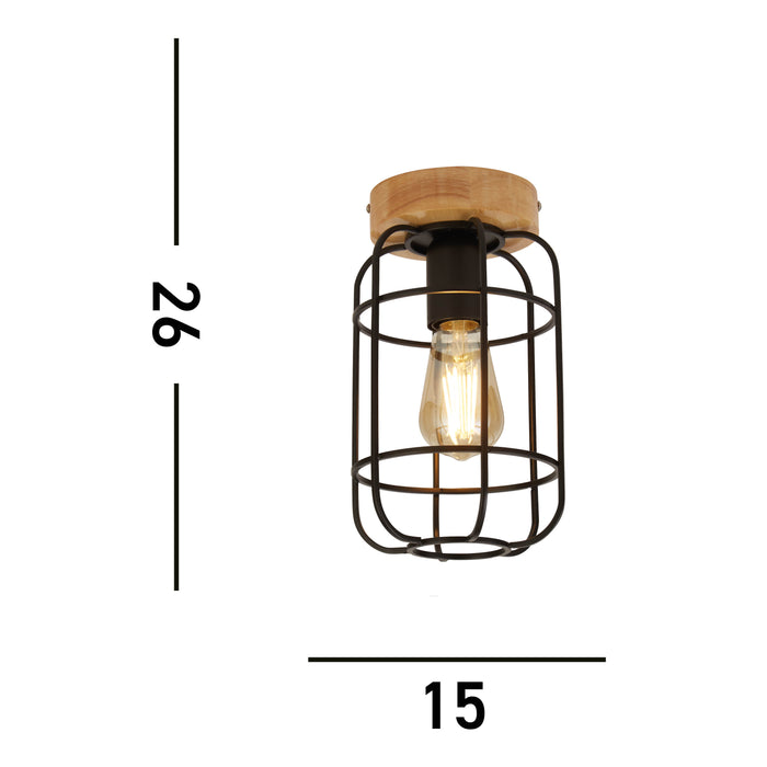 Searchlight Vision Black & Wood Flush Ceiling Light — close-up detail