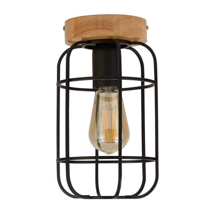 Searchlight Vision Black & Wood Flush Ceiling Light — lifestyle setting
