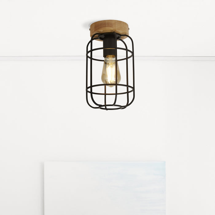 Searchlight Vision Black & Wood Flush Ceiling Light — product detail