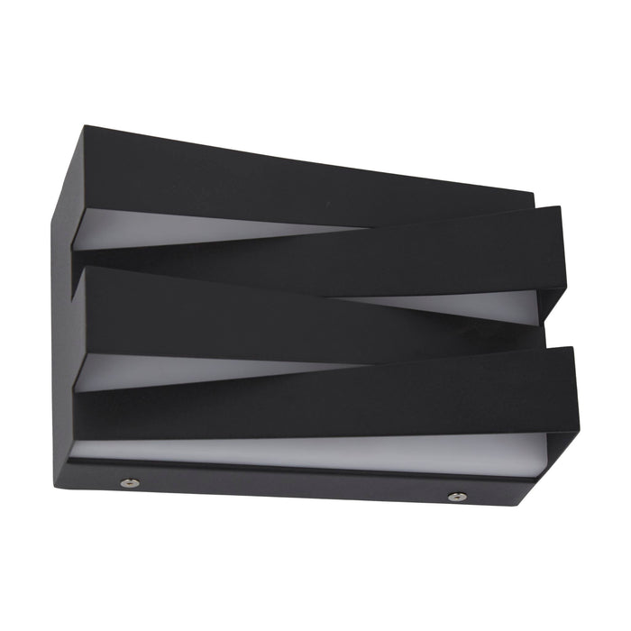Section sand black LED wall light unlit on white, angular stepped black panels