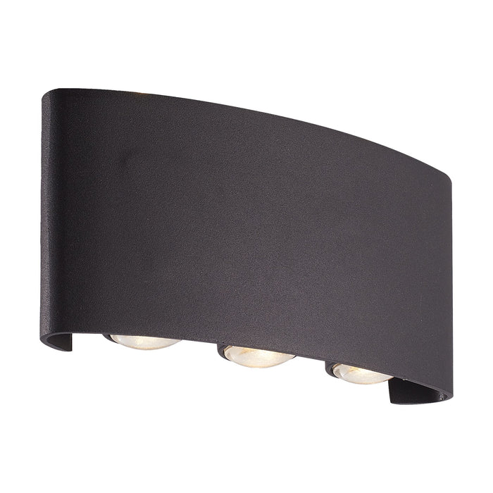 Shadows sand black curved wall light unlit on white with six recessed LED lenses