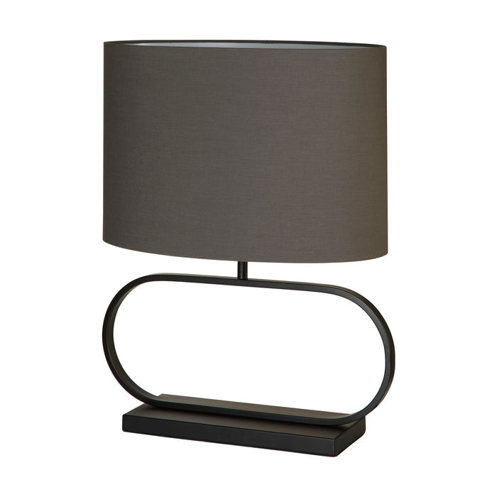 Sleek matt black table lamp unlit on a white studio background with grey oval shade