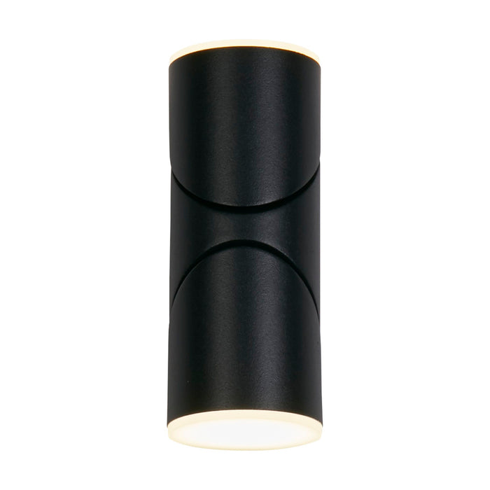 Soho black cylinder wall light lit at top and bottom with a curved cut detail on the barrel