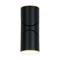 Soho black cylinder wall light lit at top and bottom with a curved cut detail on the barrel