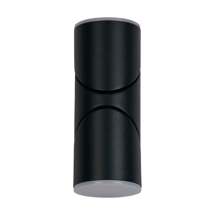 Soho black cylindrical up and down wall light unlit on white with curved detailing
