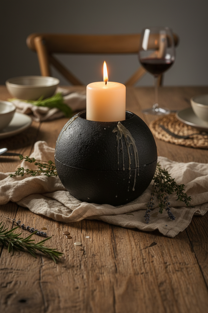 Spherical Iron Candle Holder lit on a rustic dining table with linen napkins and dried herbs