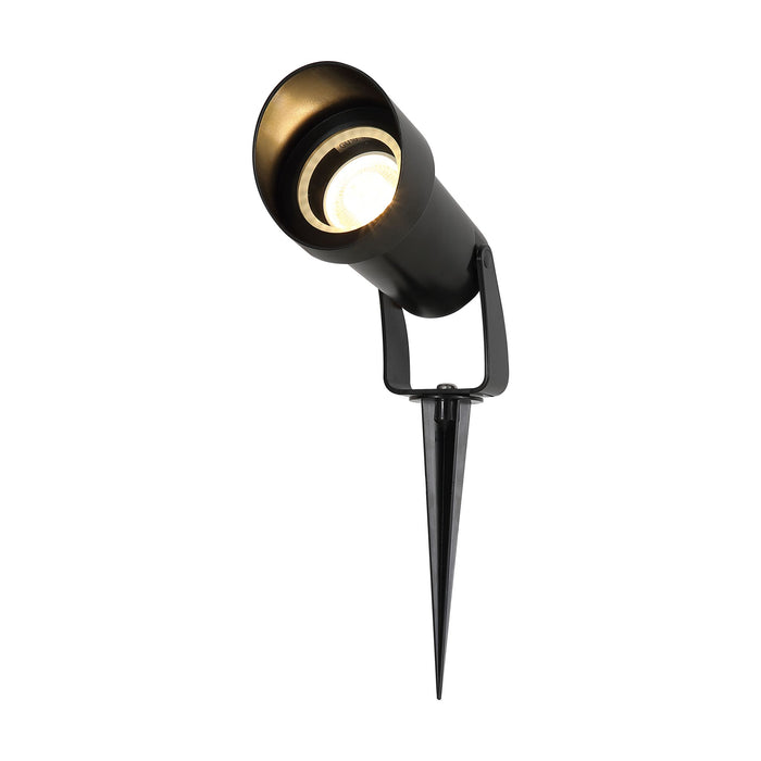 Spike matt black garden spotlight lit with a clear lens on an adjustable ground spike
