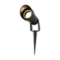 Spike matt black garden spotlight lit with a clear lens on an adjustable ground spike