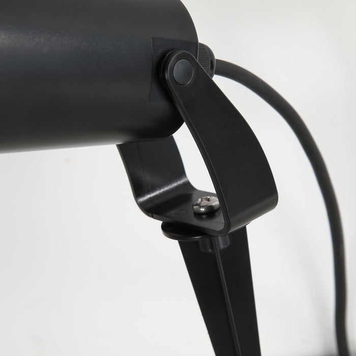 Close-up of the Spike spotlight's black tilt bracket spike and cable entry