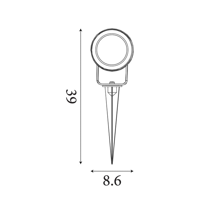 Dimension diagram of the Spike Outdoor, Matt Black and Clear, Garden Spotlight - IP65 with height and width in cm.