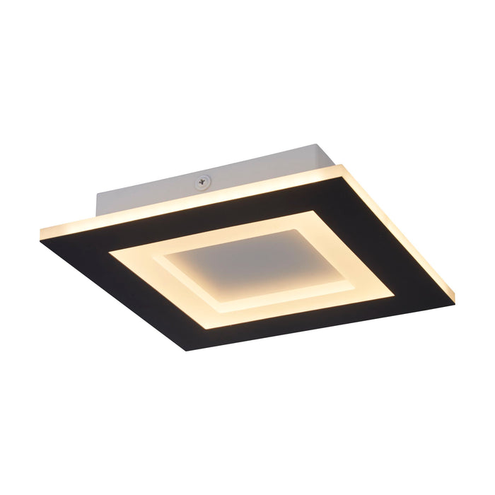 Squary matt black flush ceiling light lit, square frame with a glowing recessed LED panel