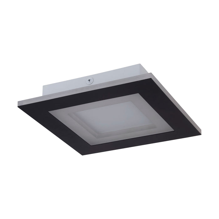 Squary matt black flush ceiling light unlit on white, square stepped frame with inner diffuser