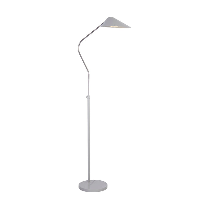 Swan floor lamp lit with white conical shade on a curved chrome neck and round weighted base