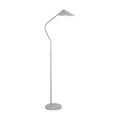 Swan floor lamp lit with white conical shade on a curved chrome neck and round weighted base