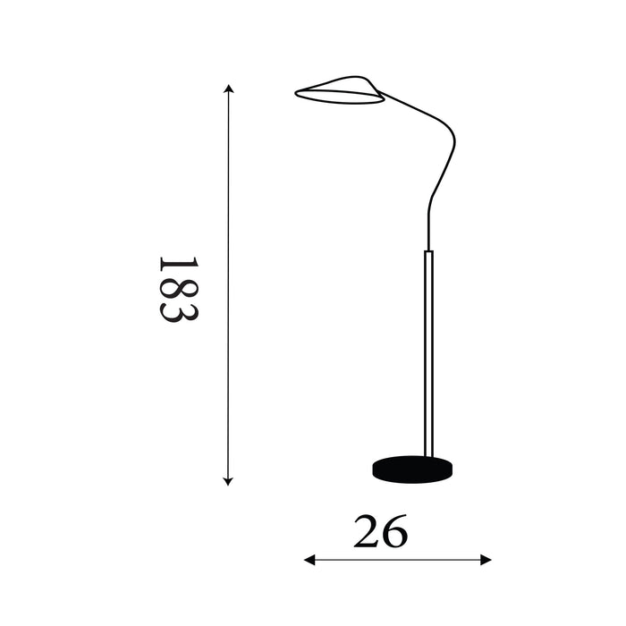 Dimension diagram of the Swan, Gold/Matt Black, Floor Lamp - Curved Neck with height and width in cm.