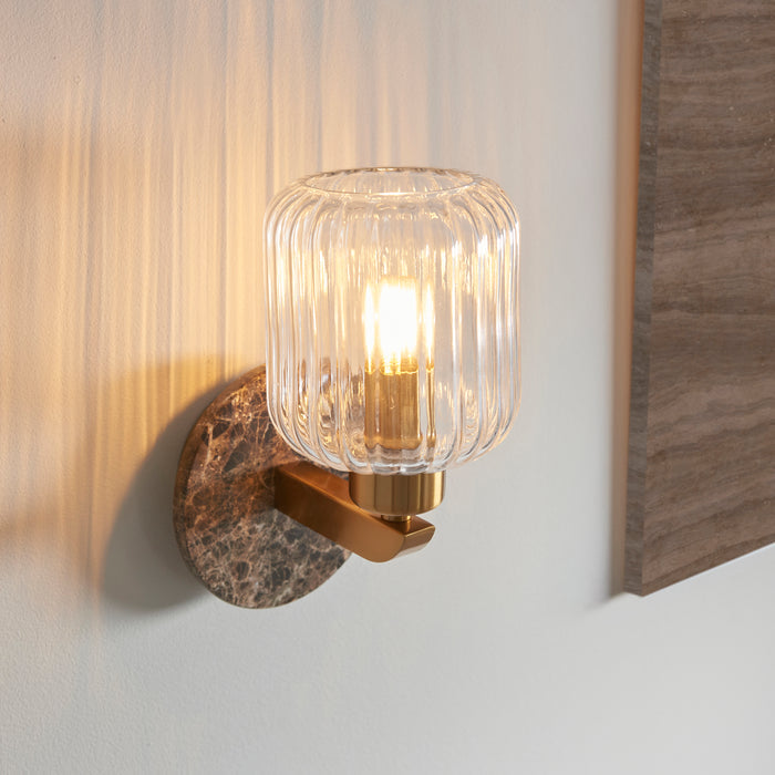 Travi Emperador Marble & Brass Wall Light - Glass Ribbed Shade by Endon Lighting — suits living rooms, bedrooms & hallways
