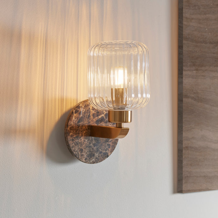 Travi Emperador Marble & Brass Wall Light - Glass Ribbed Shade — additional angle