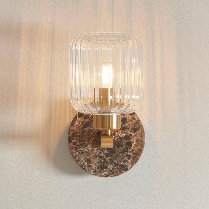 Travi Emperador Marble & Brass Wall Light - Glass Ribbed Shade — lifestyle setting