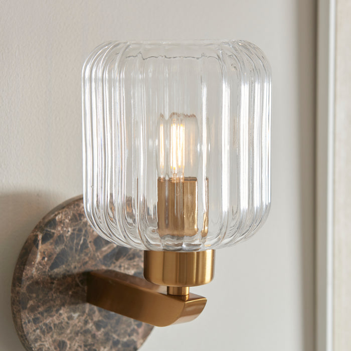 Travi Emperador Marble & Brass Wall Light - Glass Ribbed Shade — side profile