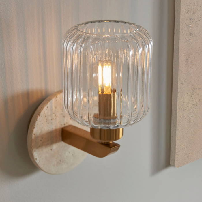 Travi Travertine Stone & Brass Wall Light - Glass Ribbed Shade by Endon Lighting — suits living rooms, bedrooms & hallways