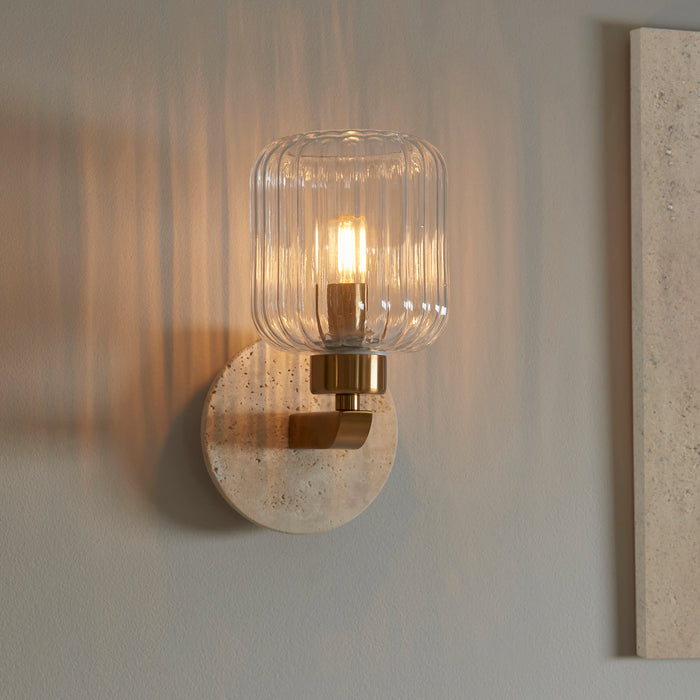 Travi Travertine Stone & Brass Wall Light - Glass Ribbed Shade — additional angle