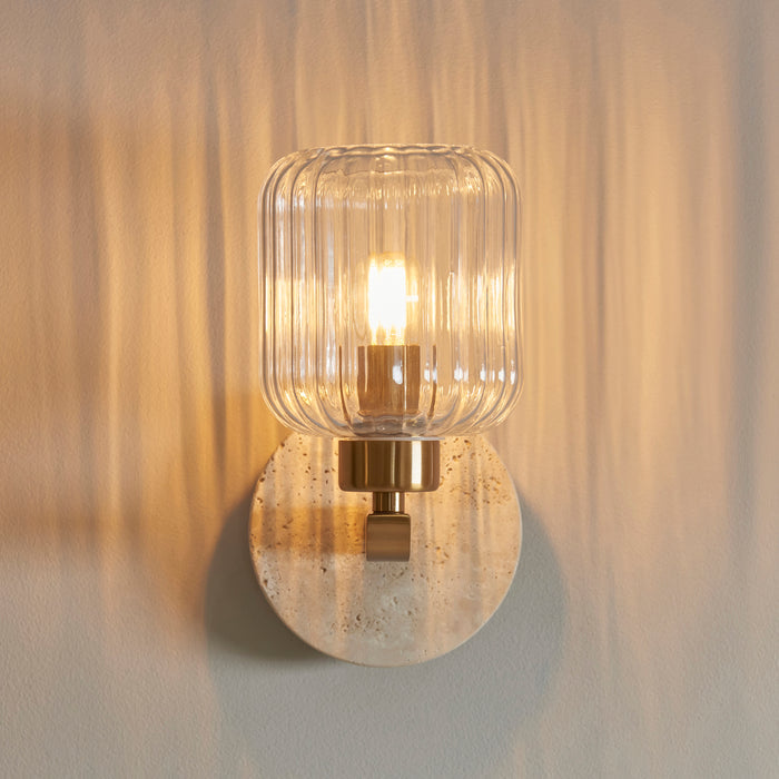 Travi Travertine Stone & Brass Wall Light - Glass Ribbed Shade — lifestyle setting