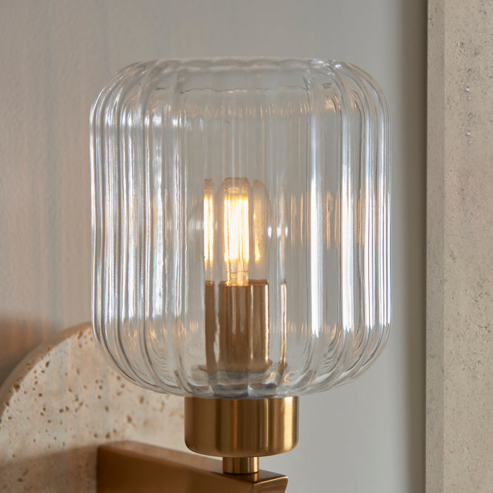 Travi Travertine Stone & Brass Wall Light - Glass Ribbed Shade — side profile