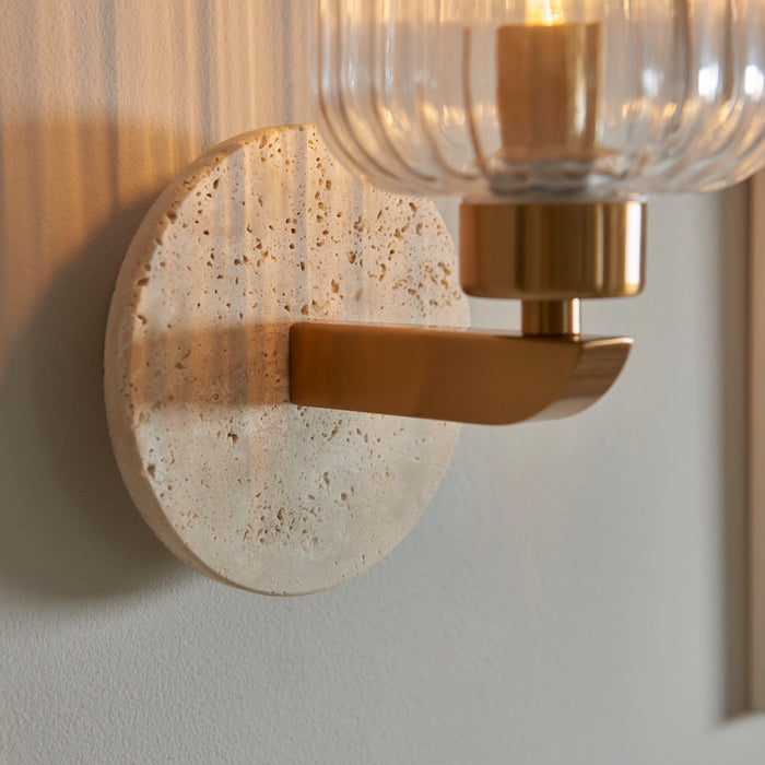 Travi Travertine Stone & Brass Wall Light - Glass Ribbed Shade — product detail