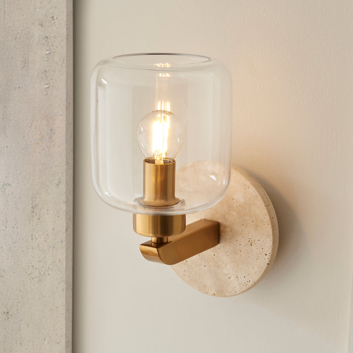 Travi Travertine Stone & Brass Wall Light - Glass Shade — additional angle