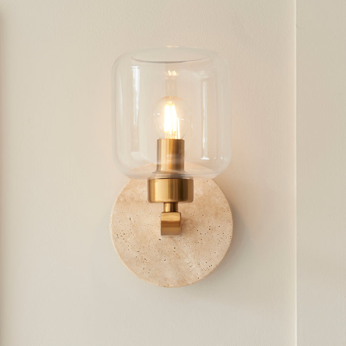 Travi Travertine Stone & Brass Wall Light - Glass Shade — lifestyle setting
