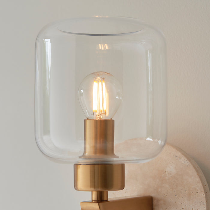 Travi Travertine Stone & Brass Wall Light - Glass Shade — side profile
