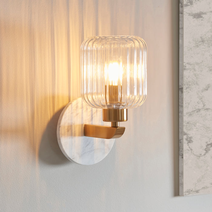 Travi Volakas Marble & Brass Wall Light - Glass Ribbed Shade by Endon Lighting — suits living rooms, bedrooms & hallways