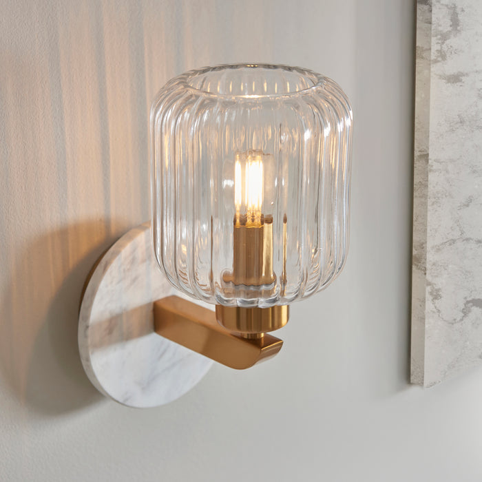 Travi Volakas Marble & Brass Wall Light - Glass Ribbed Shade — additional angle