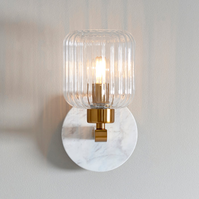 Travi Volakas Marble & Brass Wall Light - Glass Ribbed Shade — lifestyle setting