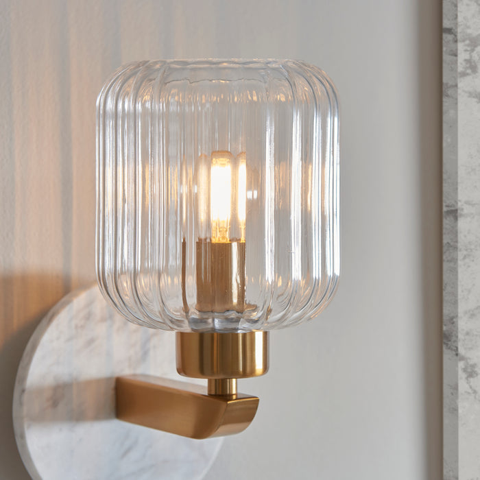 Travi Volakas Marble & Brass Wall Light - Glass Ribbed Shade — side profile