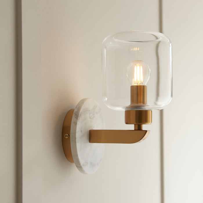 Travi Volakas Marble & Brass Wall Light - Glass Shade by Endon Lighting — suits living rooms, bedrooms & hallways