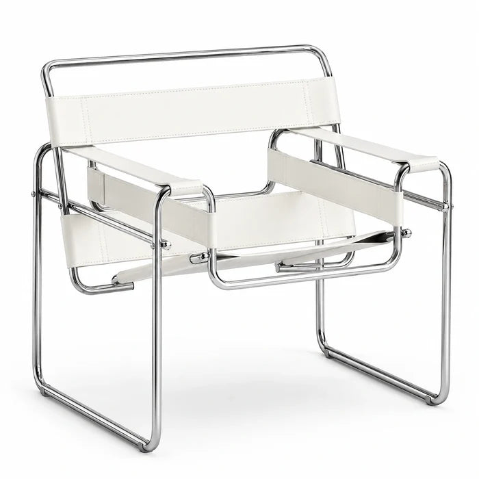Tubular Steel Leather Accent Chair in ivory white leather