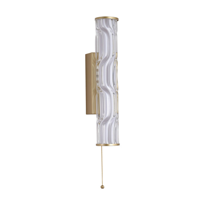 Vibrate matt gold bathroom wall light with rippled clear glass tube, unlit on a white studio background