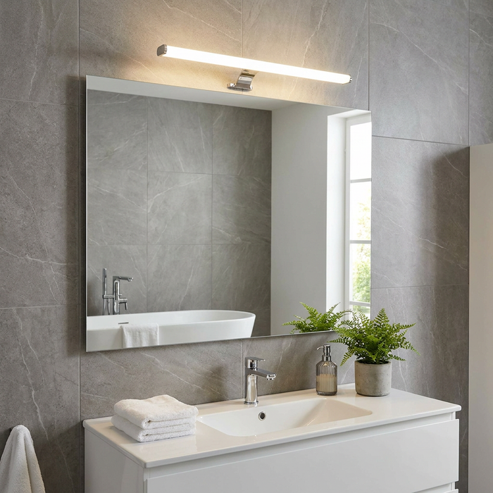 Modern chrome LED mirror light mounted above a large mirror in a contemporary grey tiled bathroom.