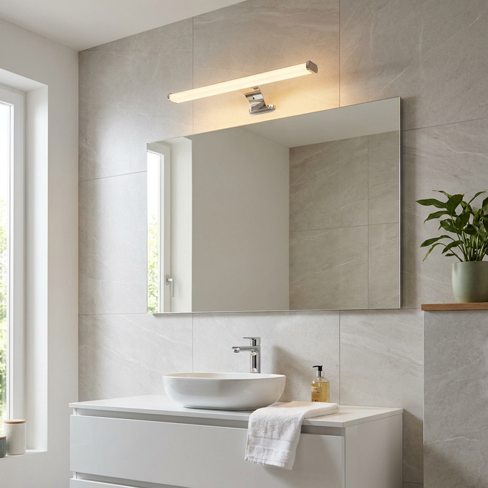 Linear chrome bathroom light fixture mounted above a mirror over a modern white vanity and vessel sink.