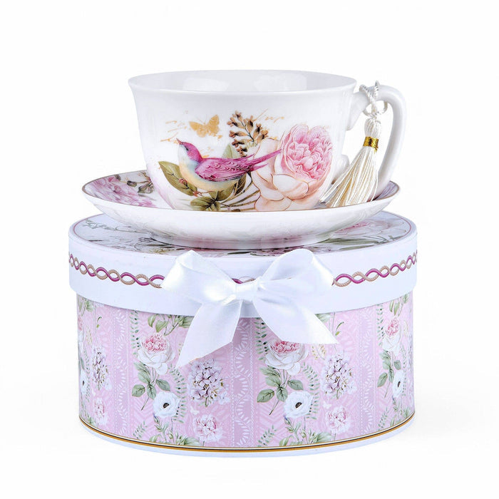 Vintage Style Birds Porcelain Cup and Saucer Set in Gift Box
