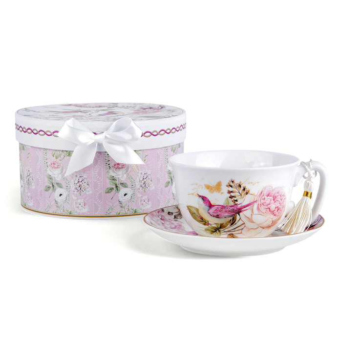 Vintage Style Birds Porcelain Cup and Saucer Set in Gift Box