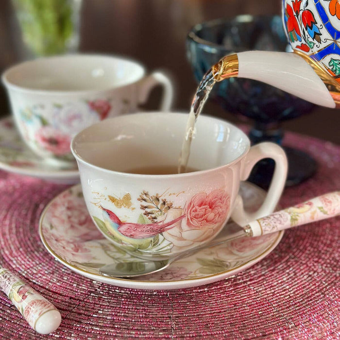 Vintage Style Birds Porcelain Cup and Saucer Set in Gift Box