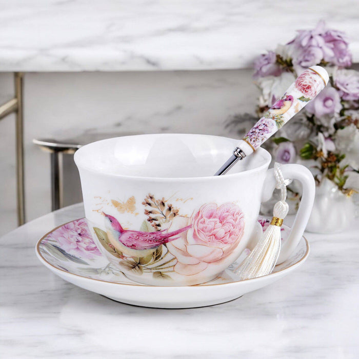 Vintage Style Birds Porcelain Cup and Saucer Set in Gift Box