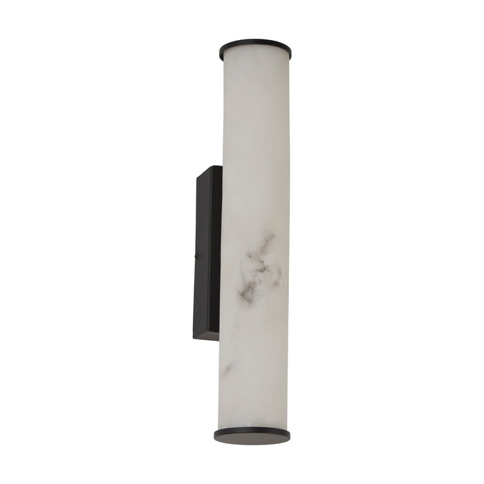 Wales matt black LED wall light with cream marble resin tube shade, unlit on a white background