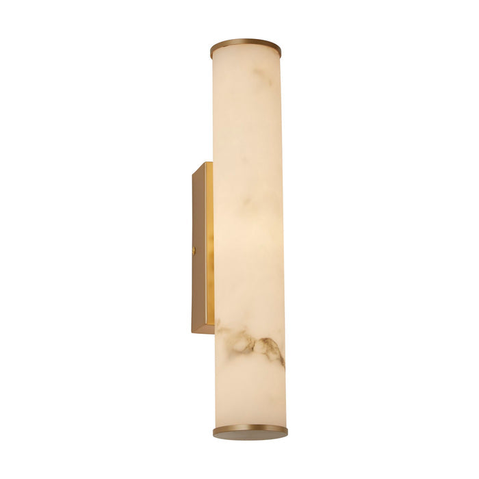 Wales matt gold LED wall light with a lit marble resin cylindrical diffuser