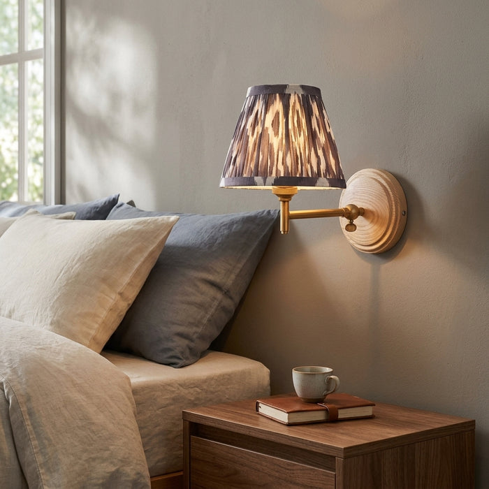 Wood Fold Wall Light & Ikat 16cm Pearl Grey Shade by Endon Lighting — suits living rooms, bedrooms & hallways